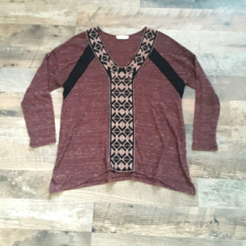 Lush Embroidered V-Neck Maroon Top Medium